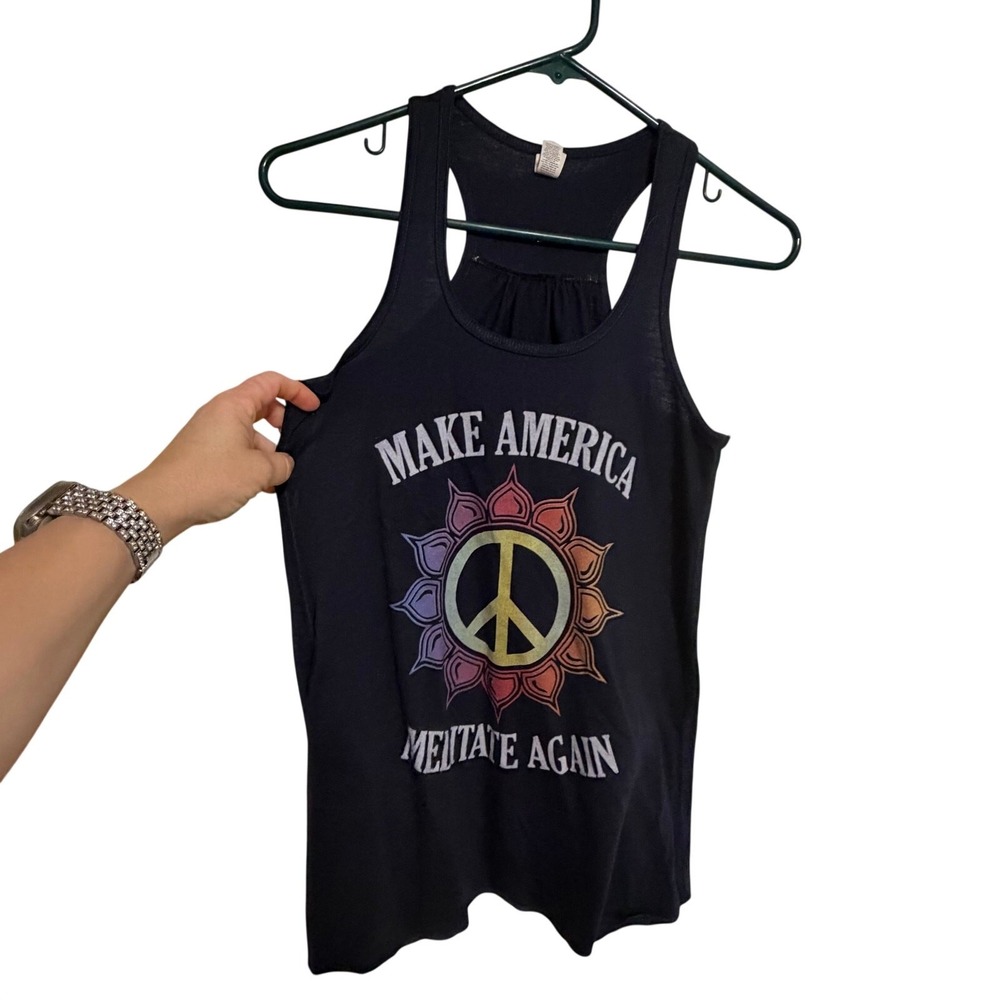 Make America meditate again tank top yoga activewear patriotic sz M cute funny